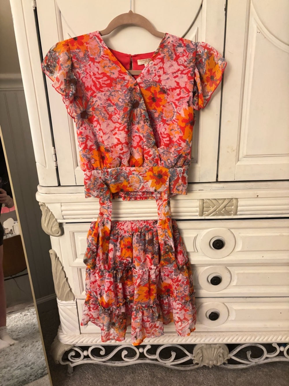 Chelsea & Violet Pink and Orange Floral Tiered SET skirt and shirt Women’s XS